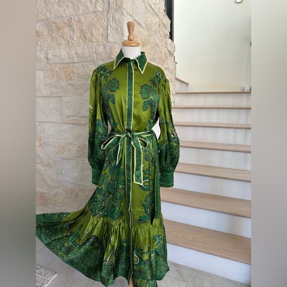 Alemais Solaris Shirtdress - Olive Silk Satin US 6 - Picture 6 of 12